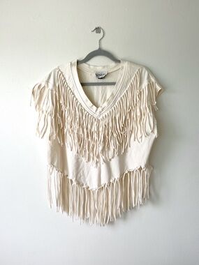 Fringe V-Neck Vintage Western Boho Festival Top in Cream